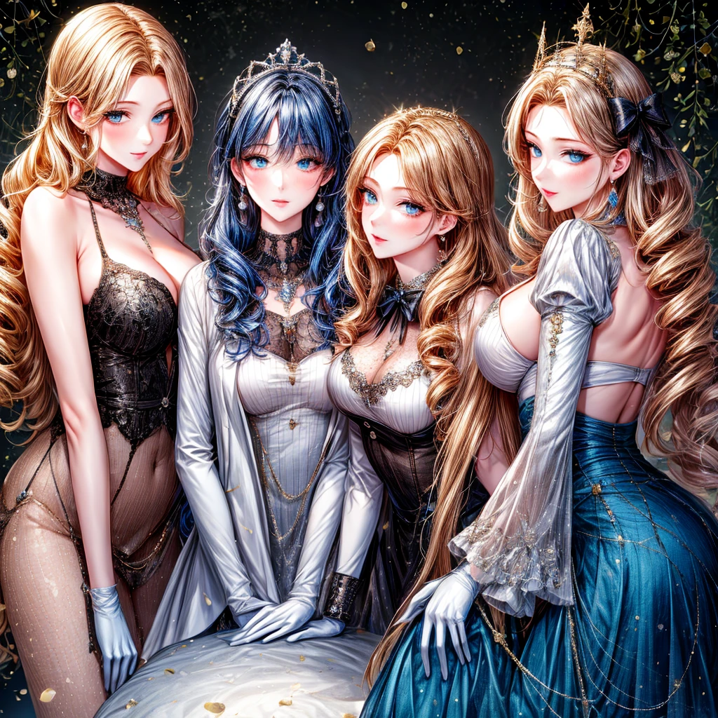 girly style, (flower background, romance comics), 3 girls, blond, alone, long hair, flower, skirt, crown, white skirt, Gloves, Long sleeve, collar, Blue eyes, mascara, cosmetics, white Gloves, black bow, black flower, Straight Hair, drill hair, french OKid, bow, OK, jewelry, looking at the audience, White background, clavicle, puffy sleeves, silver accessories,full-body shot, parted bangs, very long hair, blue skirt, trim, bangs, Keep your mouth shut, delicate eyes, Big breasts,