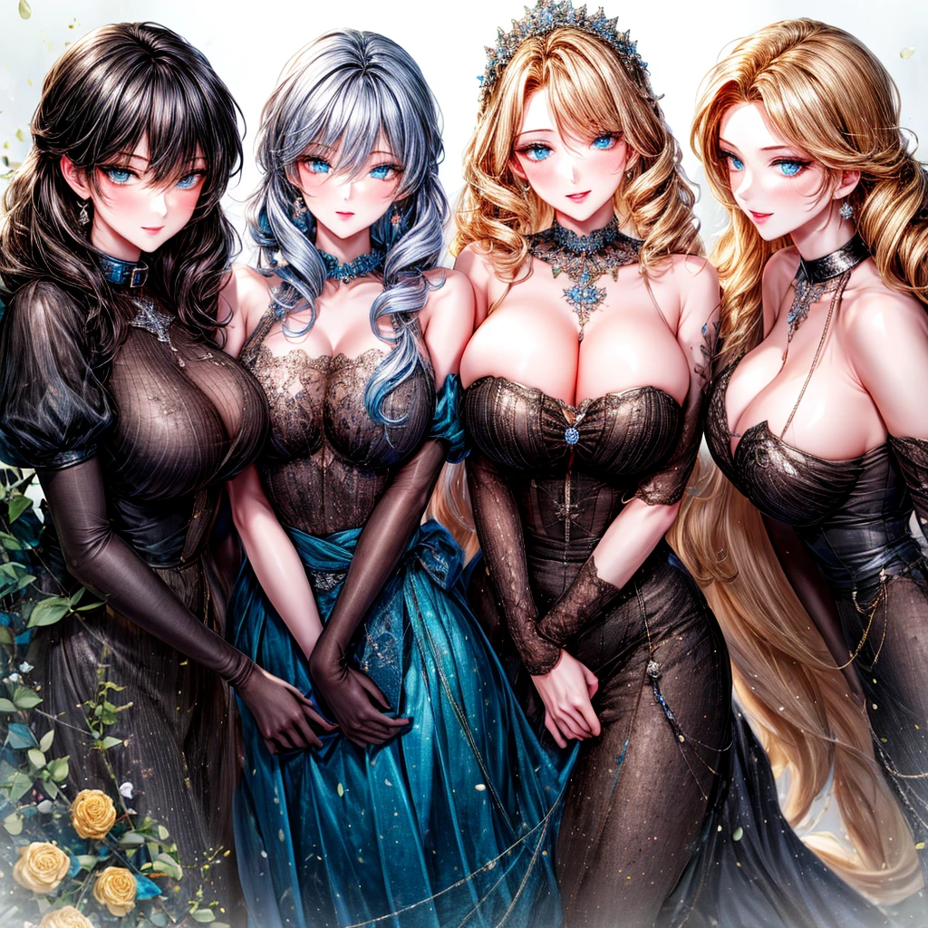 girly style, (flower background, romance comics), 3 girls, blond, alone, long hair, flower, skirt, crown, white skirt, Gloves, Long sleeve, collar, Blue eyes, mascara, cosmetics, white Gloves, black bow, black flower, Straight Hair, drill hair, french OKid, bow, OK, jewelry, looking at the audience, White background, clavicle, puffy sleeves, silver accessories,full-body shot, parted bangs, very long hair, blue skirt, trim, bangs, Keep your mouth shut, delicate eyes, Big breasts,