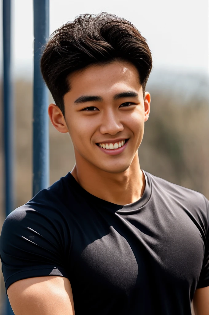 single: 1.5, (ที่TRUEแล้ว, Masterpiece, 8k HD, good light quality, sportswear, to fit the face, complicated details), A handsome Korean man with muscular arms.. , 20 years old, be happy, smile brightly, detailed face, delicate eyes, look at the sky, Wear a navy tight T-shirt.:1.6 ., black eyes, Black hair color, ผมsmooth, smooth，SurTRUE，Excellent details，Highest quality，TRUE，Open your mouth to talk.. , Close your eyes.., (large field:1.5)