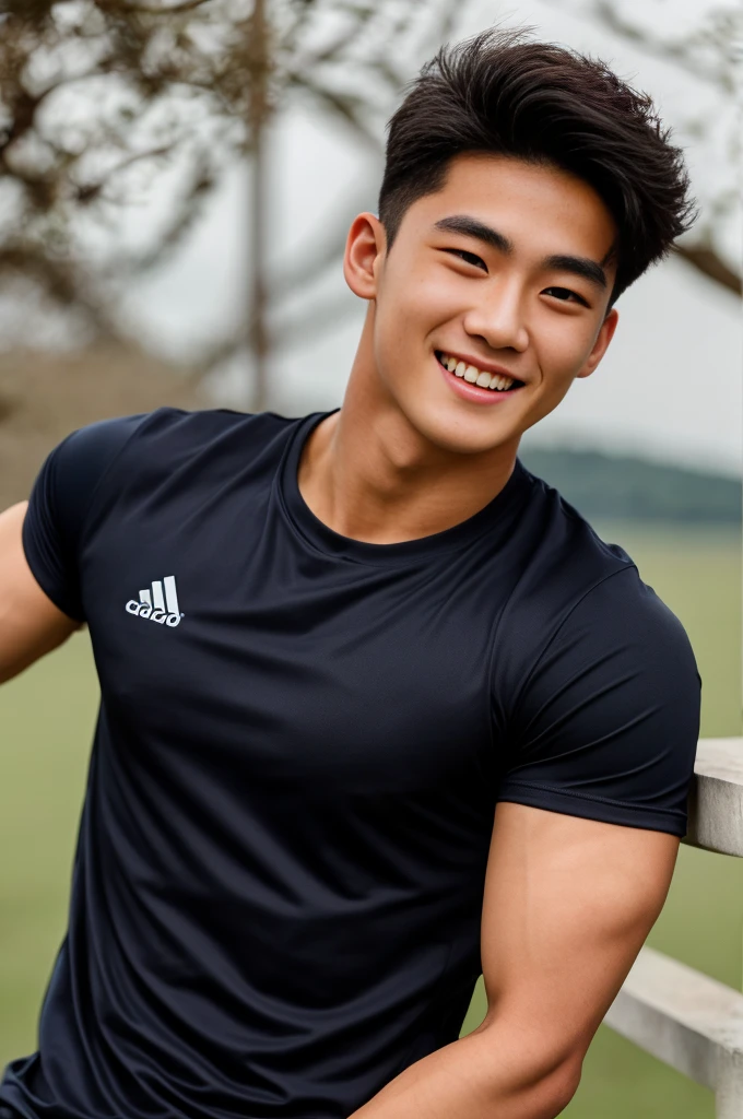 single: 1.5, (ที่TRUEแล้ว, Masterpiece, 8k HD, good light quality, sportswear, to fit the face, complicated details), A handsome Korean man with muscular arms.. , 20 years old, be happy, smile brightly, detailed face, delicate eyes, look at the sky, Wear a navy tight T-shirt.:1.6 ., black eyes, Black hair color, ผมsmooth, smooth，SurTRUE，Excellent details，Highest quality，TRUE，Open your mouth to talk.. , Close your eyes.., (large field:1.5)