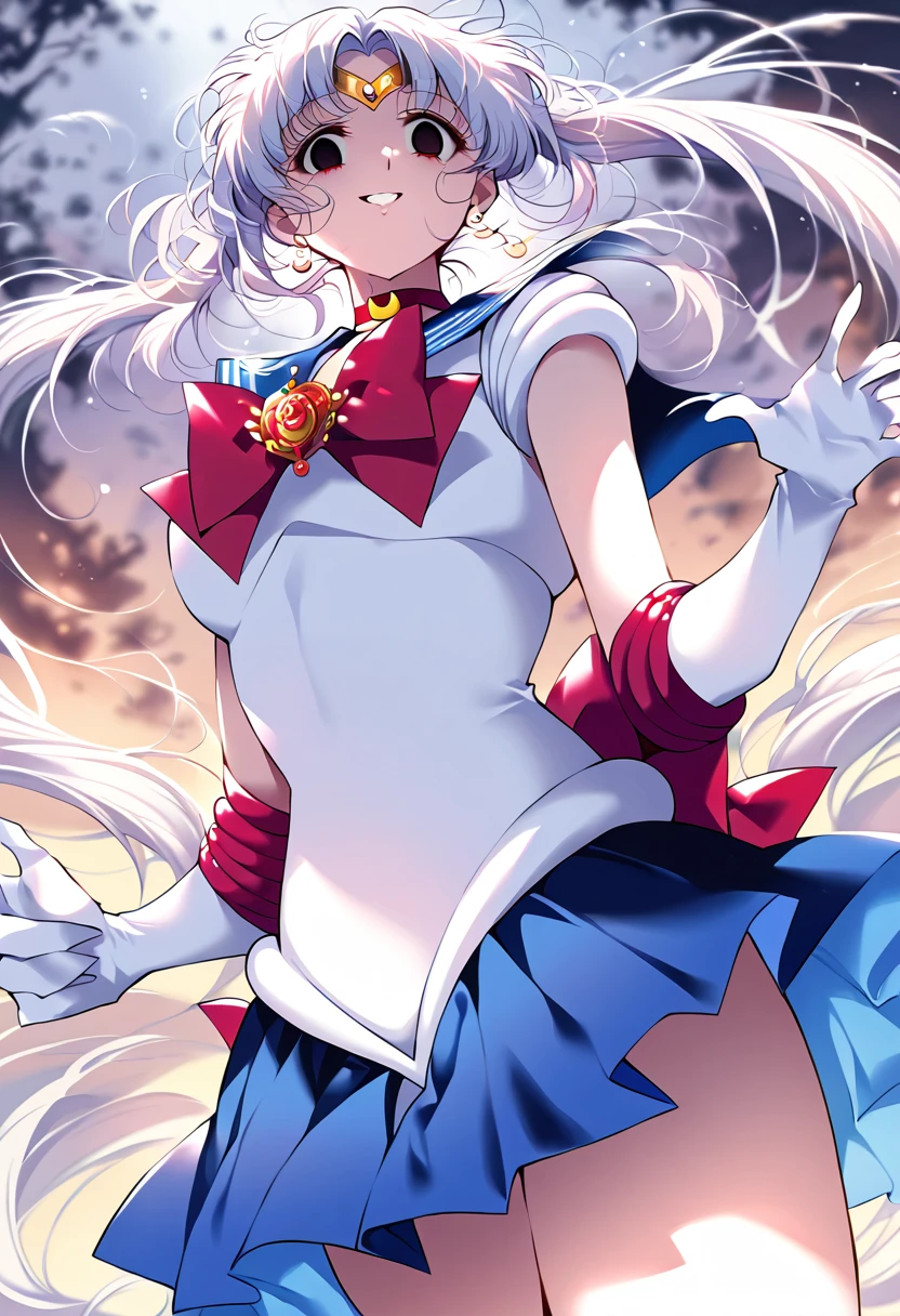 (masterpiece, Highest quality, so beautiful, Super detailed), Intricate details, 12k, Honestly, Long Hair, Double Bang, Twin tails, Parted bangs, tiara, Earrings, red eyes, Red choker, Blue sailor collar, Red Bow, White shirt, Elbow hand pockets, White gloves, Blue Skirt, Are standing, Cowboy Shot,,(evil smile:1.2), 1girl,(Silver Hair:1.4),(empty eyes,:1.4),from below,looking dawn,dark aura,View your viewers