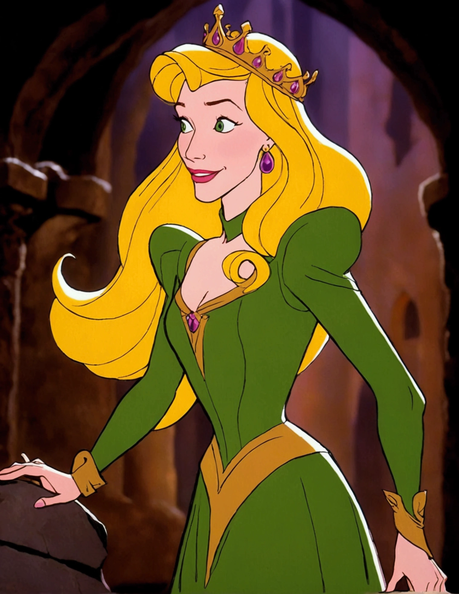 Cate Blanchett, age 25, is in costume as Princess Daphne from video game Dragon's lair. Damsel in distress, dramatic poses, overly sexual, dangerous dungeon setting