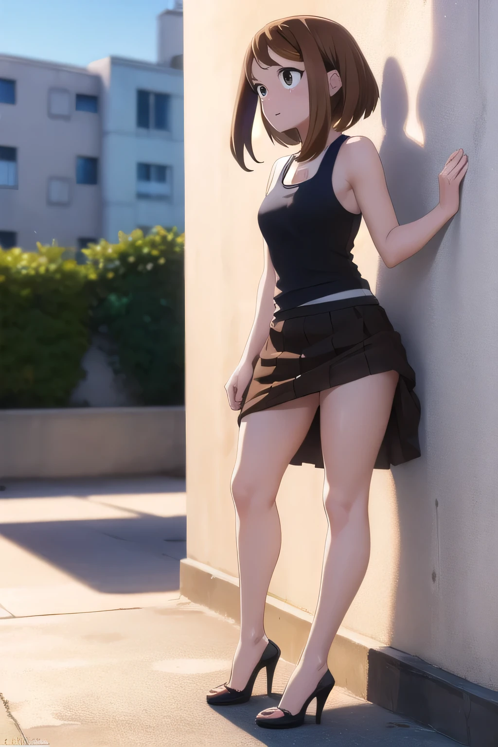 ochakouraraka, ochako uraraka, (uraraka ochako standing up against a wall:1.5), (brown eyes:1.5), brown hair, short hair, blush, blush stickers, smile, BREAK bare shoulders, black pantyhose, tank top open that shows naked , long sexy skirt open to show her pussy, black tank top, BREAK outdoors, city, BREAK looking at viewer, (full body view:1.5) BREAK (masterpiece:1.2), best quality, high resolution, unity 8k wallpaper, (illustration:0.8), (beautiful detailed eyes:1.6), extremely detailed face, perfect lighting, extremely detailed CG, (perfect hands, perfect anatomy), HIGH HEELS SEXY SHOES
