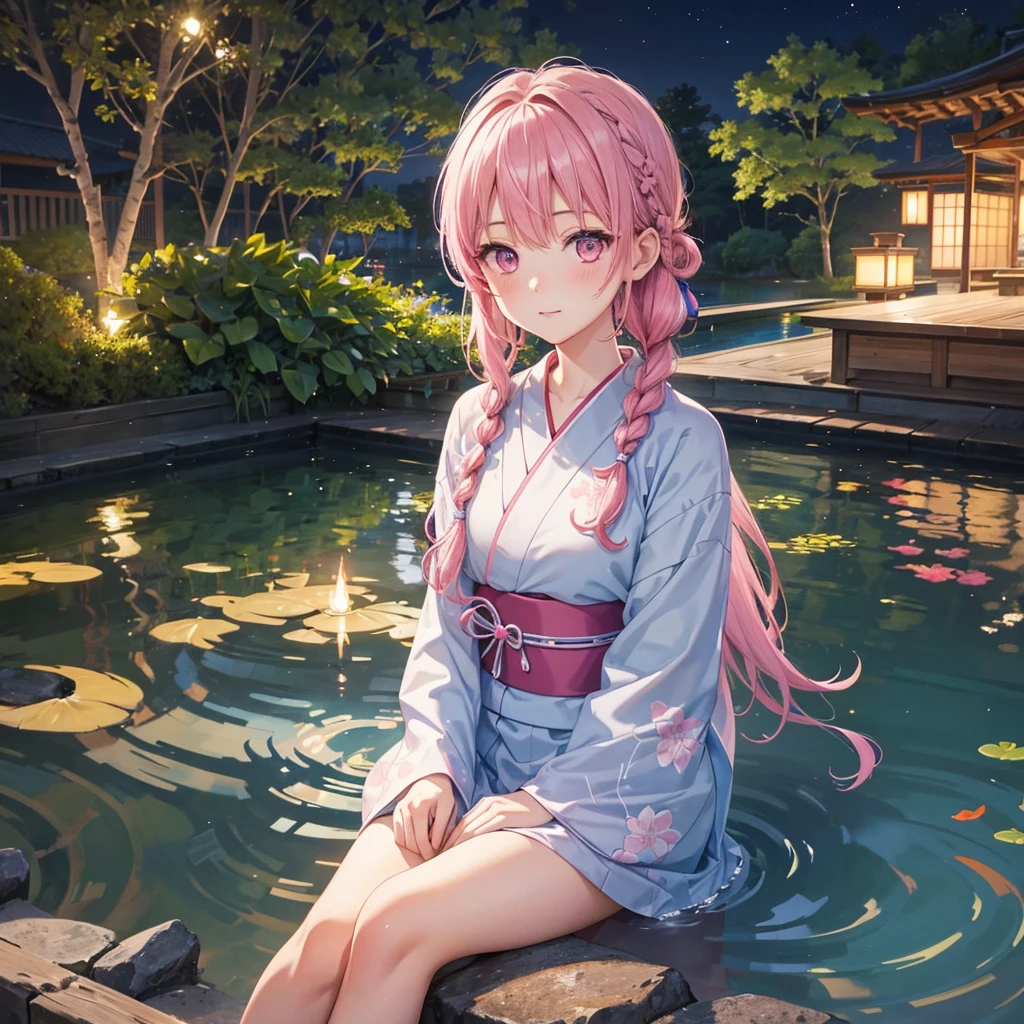 Sky Blue Medium Hair, (Braided Hair),(Pink Eyes),Fair skin ,(whole body),(1 girl)、highres, masterpiece, best quality, ultra-detailed 8k wallpaper, extremely clear, (detailed beautiful face):1.2, from above, 1girl, 独奏, yukata, He’s looking at us, sitting, The veranda of a Japanese house, Pond at your feet, Fireworks reflected on the pond, BREAK, evening,