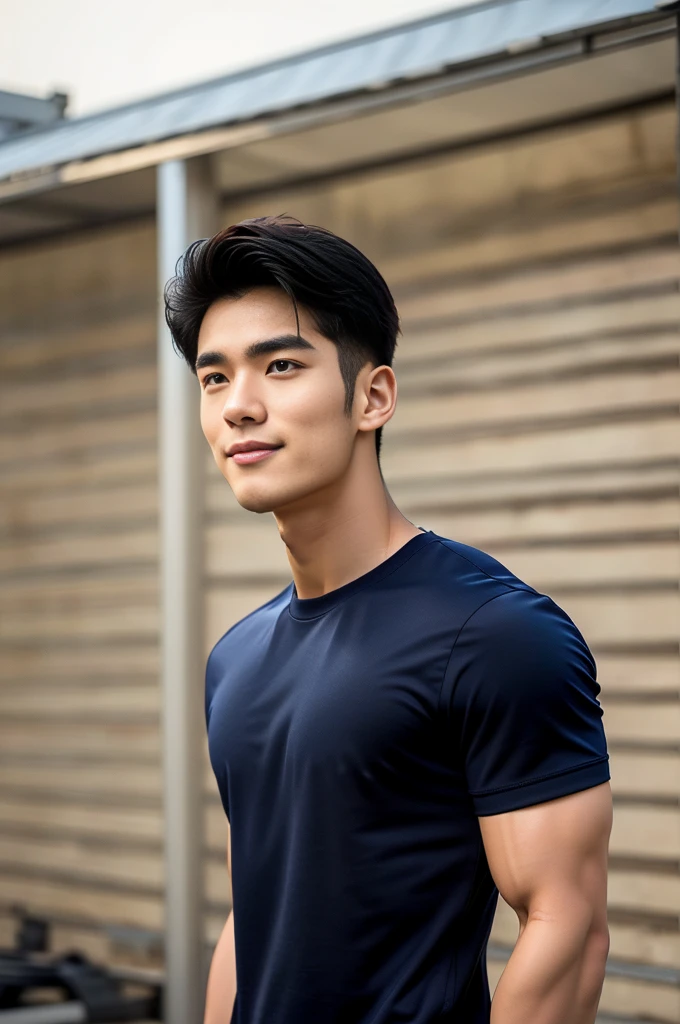 single: 1.5, (ที่TRUEแล้ว, Masterpiece, 8k HD, good light quality, sportswear, to fit the face, complicated details), A handsome Korean man with muscular arms.. , 20 years old, be happy, smile brightly, detailed face, delicate eyes, look at the sky, Wear a navy tight T-shirt.:1.6 ., black eyes, Black hair color, ผมsmooth, smooth，SurTRUE，Excellent details，Highest quality，TRUE，Open your mouth to talk.. , Close your eyes.., (large field:1.5)