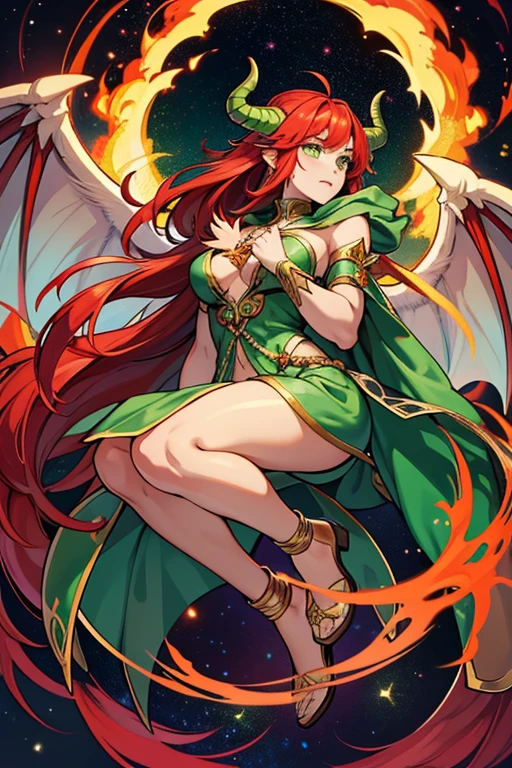 guardian dragon woman, priestess of fire who controls and creates stars, clothes with lots of hanging veils and lots of fabric, with green eyes, red and green horns, his long red hair with green tips or roots with moths in his full body hair and large dragon wings. and another pair of angel wings