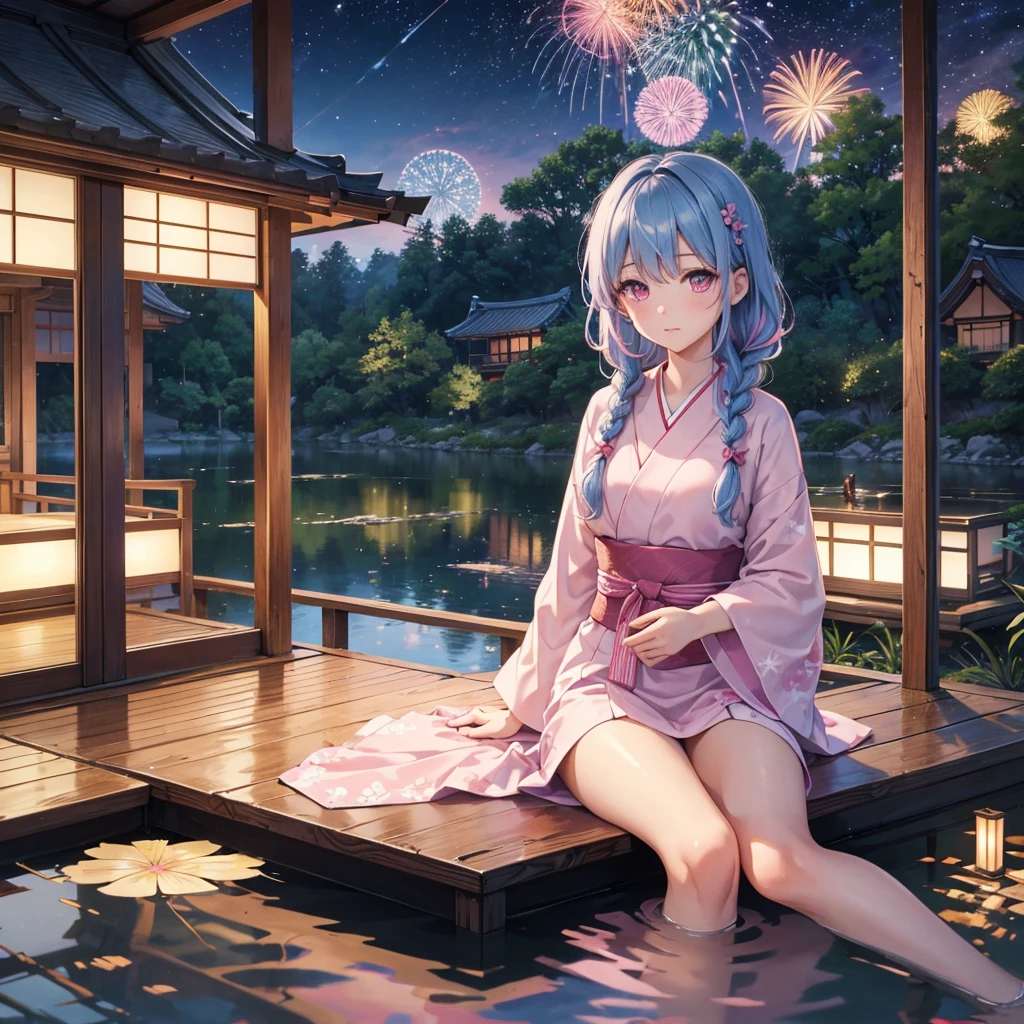 Sky Blue Medium Hair, (Braided Hair),(Pink Eyes),Fair skin ,(whole body),(1 girl)、highres, masterpiece, best quality, ultra-detailed 8k wallpaper, extremely clear, (detailed beautiful face):1.2, from above, 1girl, 独奏, yukata, He’s looking at us, sitting, The veranda of a Japanese house, Pond at your feet, Fireworks reflected on the pond, BREAK, evening,