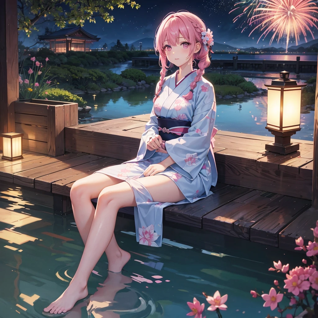 Sky Blue Medium Hair, (Braided Hair),(Pink Eyes),Fair skin ,(whole body),(1 girl)、highres, masterpiece, best quality, ultra-detailed 8k wallpaper, extremely clear, (detailed beautiful face):1.2, from above, 1girl, 独奏, yukata, He’s looking at us, sitting, The veranda of a Japanese house, Pond at your feet, Fireworks reflected on the pond, BREAK, evening,