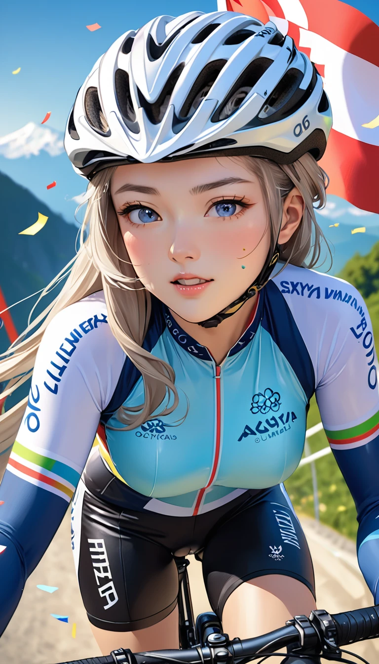 Highest quality, Great quality, 16K, Unbelievably absurd, Very detailed, 2.5D, delicate and dynamic, blue sky, Confetti, Olympic Flag, Mountain bike, Downhill, , Small face, Very delicate facial expressions, Delicate eye depiction, Very fine hair, Upper body close-up, erotic, The only sexy Japanese woman, Healthy body shape, 22-year-old woman, Olympic, Cycling,  Large, firm, swaying bust, Silvery long hair, Sexy long legs, Glowing Skin, Soft Skin, Bike riding clothes, protector, Helmet, Gold medal around your neck, Leather trousers, Knee-high boots, Mountain bike, 