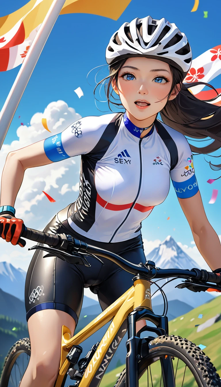 Highest quality, Great quality, 16K, Unbelievably absurd, Very detailed, 2.5D, delicate and dynamic, blue sky, Confetti, Olympic Flag, Mountain bike, Downhill, , Small face, Very delicate facial expressions, Delicate eye depiction, Very fine hair, Upper body close-up, erotic, The only sexy Japanese woman, Healthy body shape, 22-year-old woman, Olympian, Cycling,  Large, firm, swaying bust, Silvery long hair, Sexy long legs, Glowing Skin, Soft Skin, Bike riding clothes, protector, Helmet, Gold medal around your neck, Leather trousers, Knee-high boots, Mountain bike, 