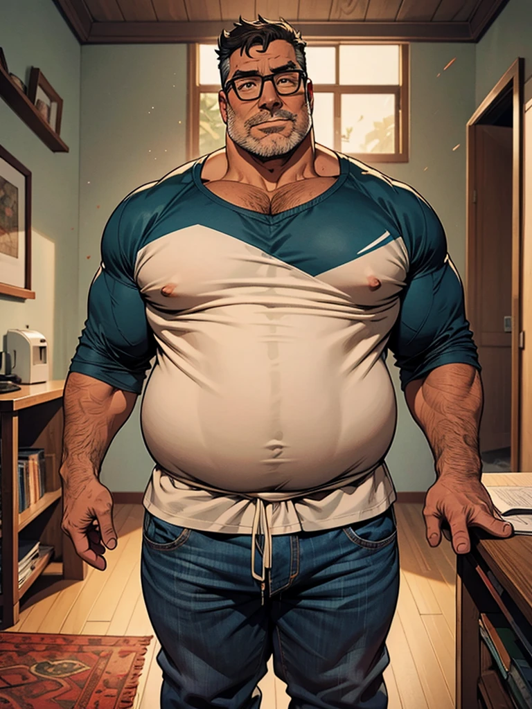A fat middle-aged man is looking at the viewer and holding his crotch, use uma cueca box branca, cabelo preto curto, (obesidade: 0.7), 50 anos, Nerd, shy, standing looking at the viewer in a small dusty private room, copos, cabelo fino casual, Thick neck and round face with a lot of fat, suando, Sozinho, Asian, sentido muito prazer