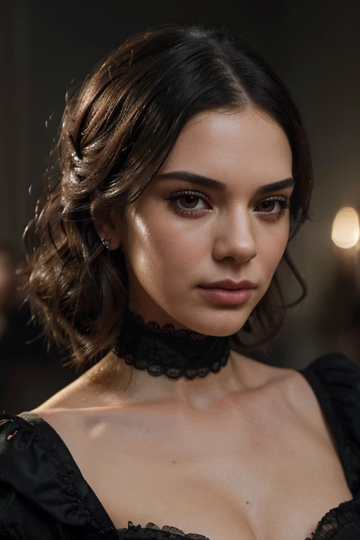 Kendall Jenner, Victorian era queen, detailed portrait, beautiful detailed eyes, beautiful detailed lips, extremely detailed face, long eyelashes, intricate Victorian dress, lace, high collar, elegant hairstyle, gloves, jewelry, opulent background, chiaroscuro lighting, dark moody colors, dramatic shadows, oil painting, photorealistic, (best quality,4k,8k,highres,masterpiece:1.2),ultra-detailed,(realistic,photorealistic,photo-realistic:1.37)