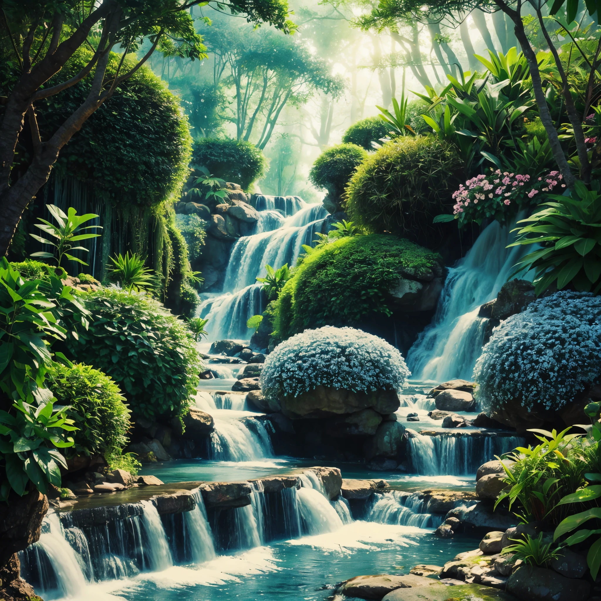 dreamy, colorful lush vegetation surface, vibrant flowers, floating garden, soft glow, ethereal atmosphere, exotic blossoms, crystalline streams, misty waterfalls,