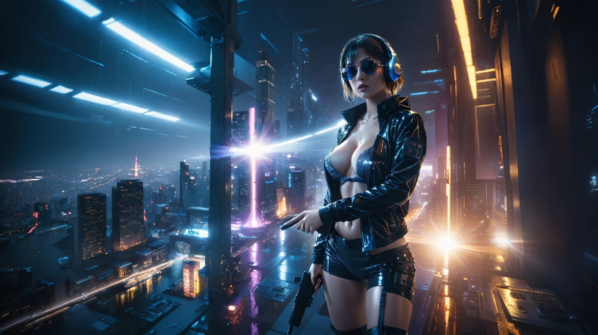 (((aerial view))), Blade Runner style futuristic city, neon lights, at night. (1girl, solo, alone), large-breast:1.2 slim body, cleavage:1.1, sexy lingerie with wet jacket, headphone, (black sunglasses), (((she raised a pistol:1.8 and shot:1.8 the viewer))), dynamic pose, (((half-body thigh level medium shot))), cinematic lighting, lens flare, ray tracing, blurred:1.4 background.
