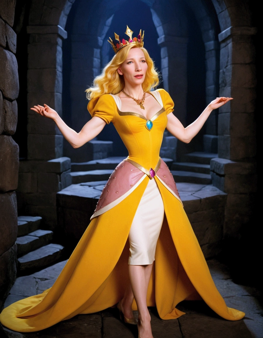 Cate Blanchett, age 25, is in costume as Princess Daphne from video game Dragon's lair. Damsel in distress, dramatic poses, overly sexual, dangerous dungeon setting
