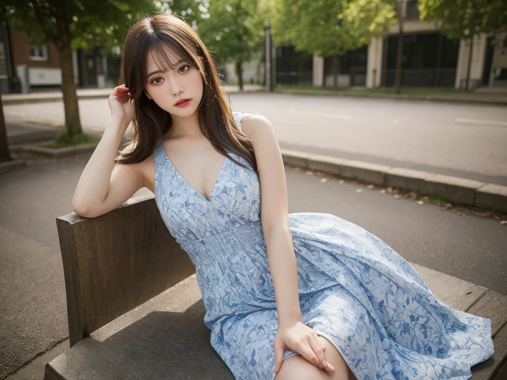Tabletop, Highest quality, figure, Super detailed, In detail, High resolution, 8k wallpaper, Perfect dynamic composition, Beautiful attention to detail, Summer Dresses,Medium Hair, Natural color lip, Random sexy poses、20-year-old girl,Suburbs of London, England