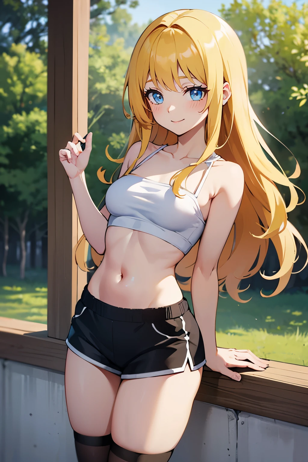 Safe for work, masterpiece, best quality, solo, 1 girl,  cute girl, wholesome girl, (young female body:1.4), ( medium small breasts), cowboy shot, shy smile, flustered,  yellow golden hair, extra long hair, thick wavy hair, hime cut, very blunt bangs, light blue eyes, white compression top, white tube top, black boy shorts, knee high socks, forest background