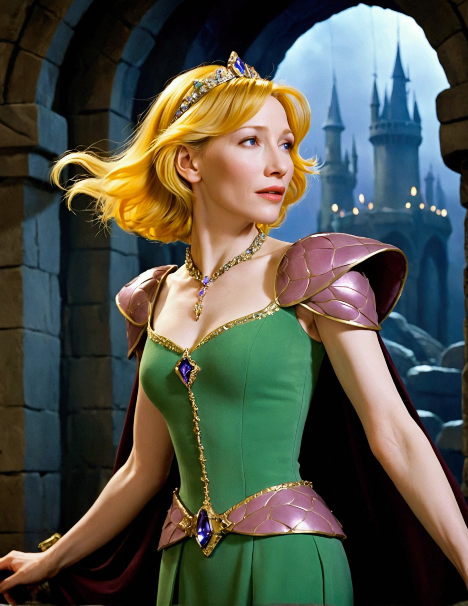 Cate Blanchett, age 25, is in costume as Princess Daphne from video game Dragon's lair. Damsel in distress, dramatic poses, overly sexual, dangerous dungeon setting