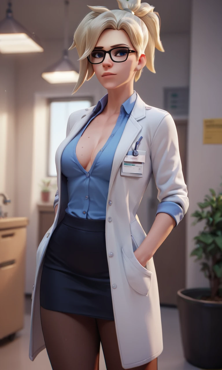 score_9,score_8_up,score_7_up,score_6_up ,source_overwatch score_9, score_8_up, score_7_up, 1woman, solo, mercy \(overwatch\), high quality, lab coat, blue blouse, black skirt, hands in lab coat pockets, glasses, horny