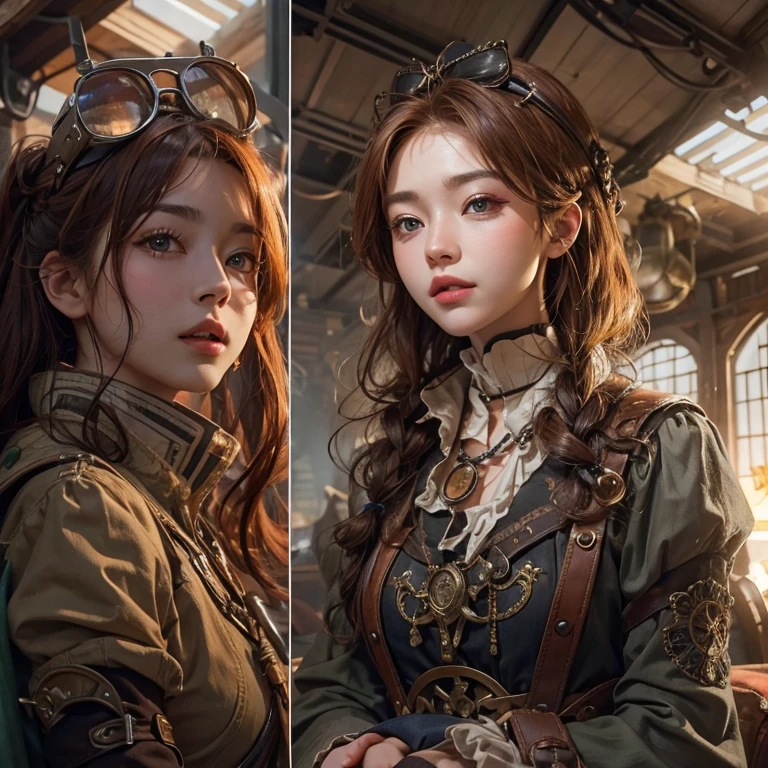 masterpiece:1.3), (8k, Realistic, RAW Photos, Best imYear quality: 1.4)、 Year,(Random Hairstyles:1.2)、CleavYear:1.2、Highly detailed face、Attention to detail、double eyelid、Chest to chest、Sharp focus:1.2、Beautiful woman:1.4、Redhead、Highest quality、masterpiece、Ultra-high resolution、(Realistic:1.4)、Highly detailed and professionally lit smiles、Loose fitting steampunk outfit、Shoulder out、thin、Serious expression、Clouds seen from inside the airship、goggles