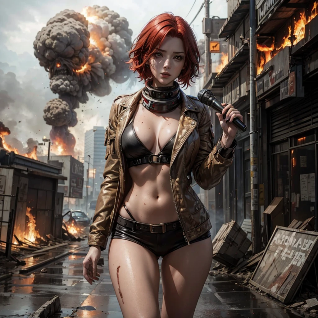 A female reporter with red hair holding a mic, A doomsday scene, chaotic, destruction, explosion, burning, meteorites rained down on the earth, post-apocalyptic