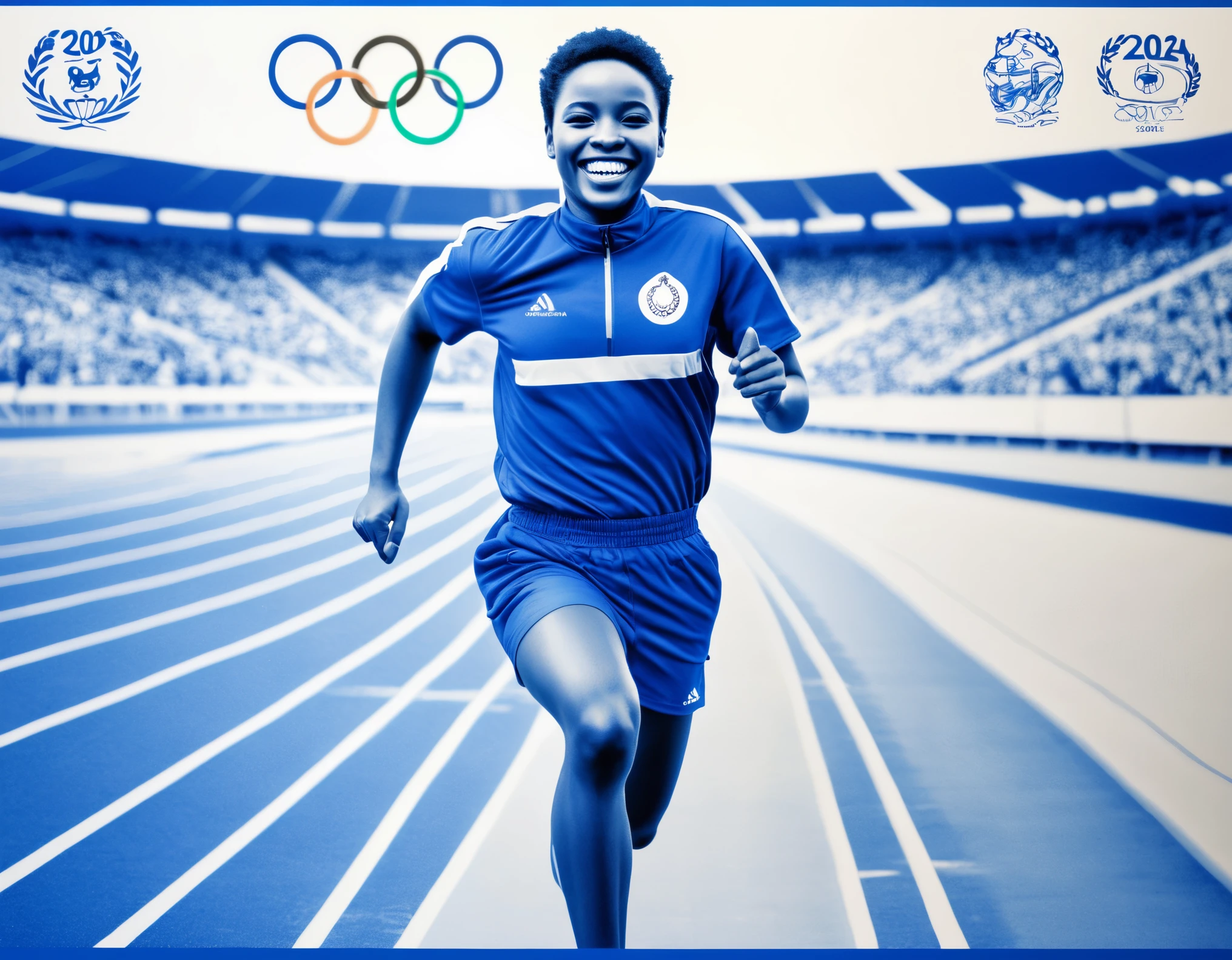 ((Stamp design))，Blue line drawing，Line Art，Blue pen drawing，2024 Paris Olympics，A person wearing an Olympic Games uniform holding a torch and running on the track, smiling and facing the camera，Panorama close-up，Best quality，Best Work of the Year，