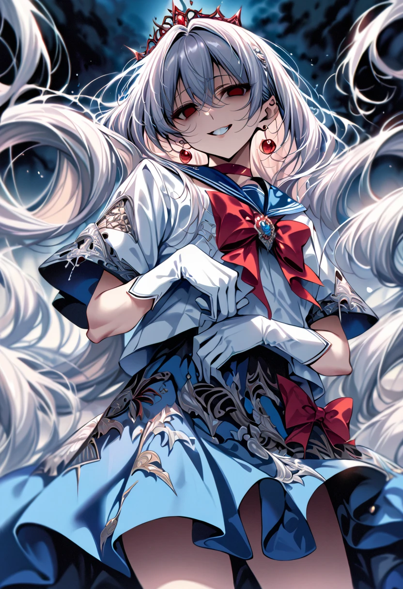 (masterpiece, Highest quality, so beautiful, Super detailed), Intricate details, 12k, Honestly, Long Hair, Double Bang, Twin tails, Parted bangs, tiara, Earrings, red eyes, Red choker, Blue sailor collar, Red Bow, White shirt, Elbow hand pockets, White gloves, Blue Skirt, Are standing, Cowboy Shot,,(evil smile:1.2), 1girl,(Silver Hair:1.4),(empty eyes,:1.4),from below,looking dawn,dark aura,View your viewers