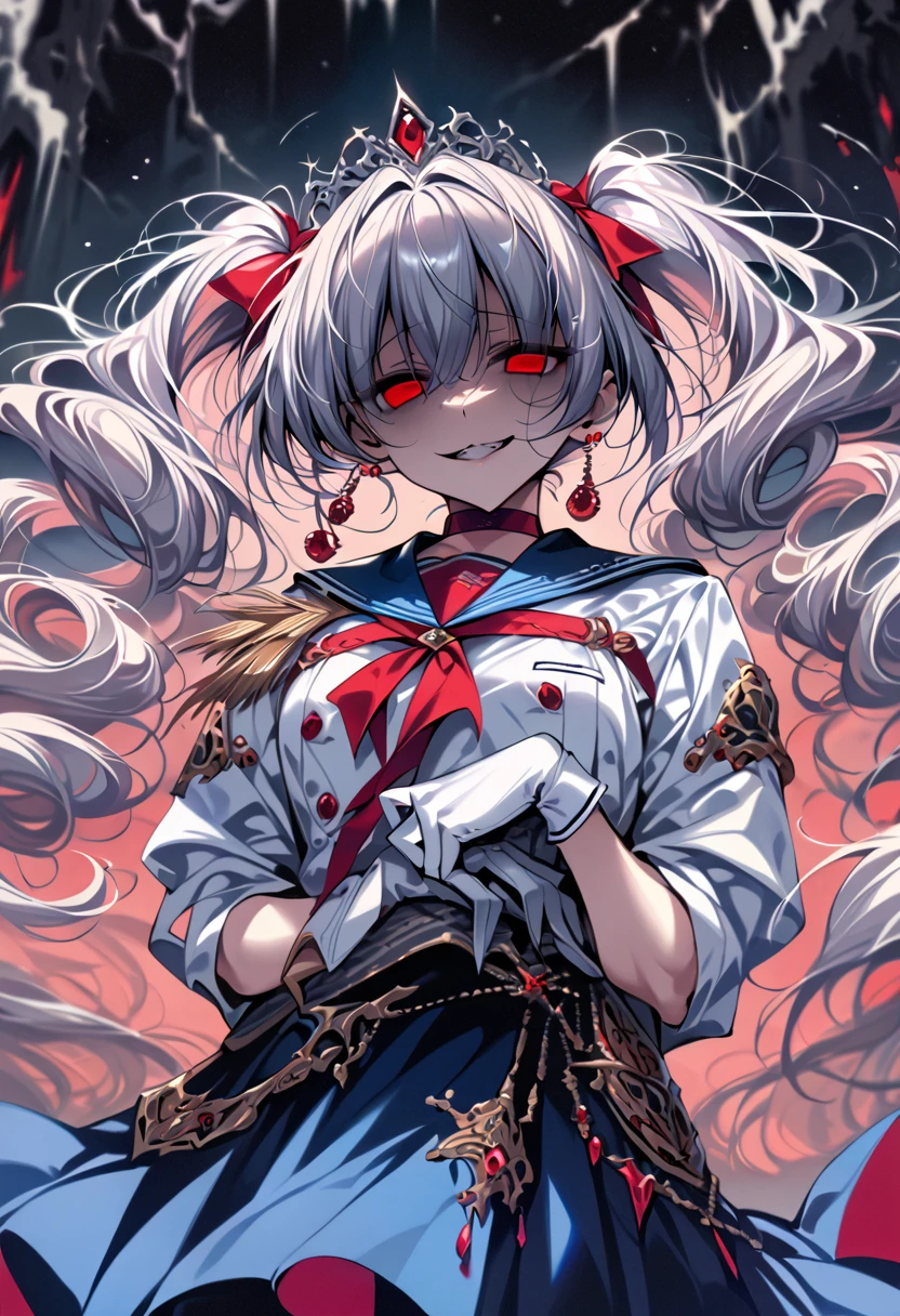 (masterpiece, Highest quality, so beautiful, Super detailed), Intricate details, 12k, Honestly, Long Hair, Double Bang, Twin tails, Parted bangs, tiara, Earrings, red eyes, Red choker, Blue sailor collar, Red Bow, White shirt, Elbow hand pockets, White gloves, Blue Skirt, Are standing, Cowboy Shot,,(evil smile:1.2), 1girl,(Silver Hair:1.4),(empty eyes,:1.4),from below,looking dawn,dark aura,View your viewers