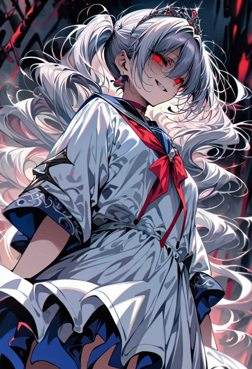 (masterpiece, Highest quality, so beautiful, Super detailed), Intricate details, 12k, Honestly, Long Hair, Double Bang, Twin tails, Parted bangs, tiara, Earrings, red eyes, Red choker, Blue sailor collar, Red Bow, White shirt, Elbow hand pockets, White gloves, Blue Skirt, Are standing, Cowboy Shot,,(evil smile:1.2), 1girl,(Silver Hair:1.4),(empty eyes,:1.4),from below,looking dawn,dark aura,View your viewers