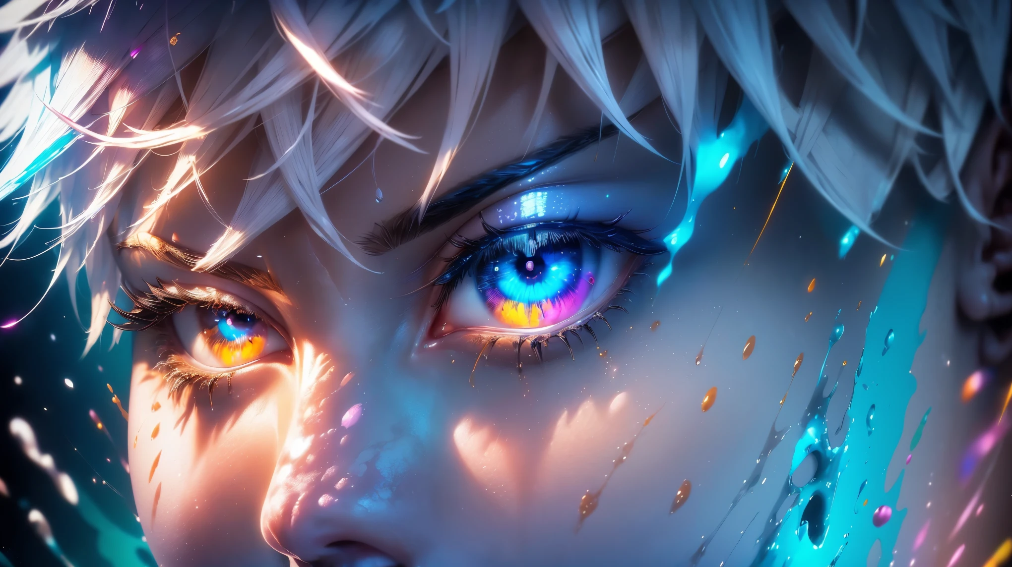 masterpiece, best quality, (extremely detailed CG unity 8k wallpaper, masterpiece, best quality, ultra-detailed, best shadow), (detailed background), (beautiful detailed face, beautiful detailed eyes), High contrast, (best illumination, an extremely delicate and beautiful),1girl,((colourful paint splashes on transparent background, dulux,)), ((caustic)), dynamic angle,beautiful detailed glow,full body, paint splash on face. , realistic anime 3 d style, seductive anime boy, anime realism style, attractive anime boy,beautiful alluring anime men, looking gojo satoru , ((gojo satoru)) gojo satoru of Jujutsu Kaisen, whole body staring at camera.