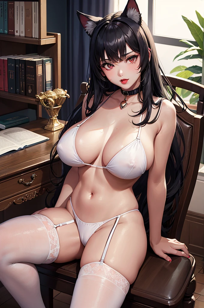 Detailed facial details,,1 girl,Red lips,Cat ear,Black long hair,Wearing a pure white bikini,Large Breasts,Garter stockings,Slim,Collar,Radiant Skin,sit on the chair,office,bookshelf