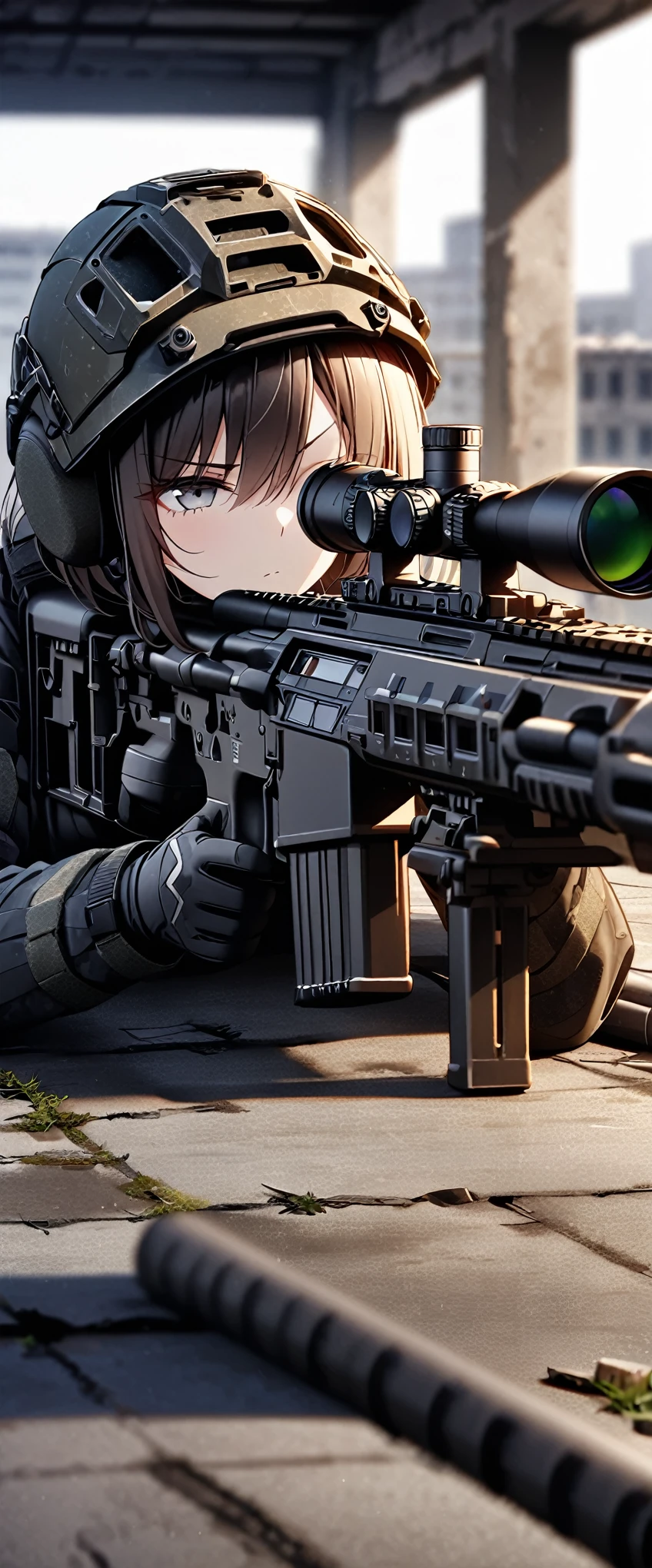 (masterpiece),(Highest quality),(High resolution),(Very detailed),8k,wallpaper,(One Woman:1.6),Brunette,Short Bob,(Beautiful Face,Beautiful Eyes,Beautiful Hair,Beautiful Skin),(Serious),BREAK(((aim at something with a sniper rifle:1.5))),((Look through the scope and take aim:1.6)),(Prone)((Close one eye:1.4)),(((Sniper Rifle))),((SWAT Uniforms,Bulletproof vest, Combat Boots,Tactical Headset,Tactical Helmet)),(The background is the rooftop of an abandoned building:1.6),(((Background Blur))),(Detailed drawing of a sniper rifle:1.3)