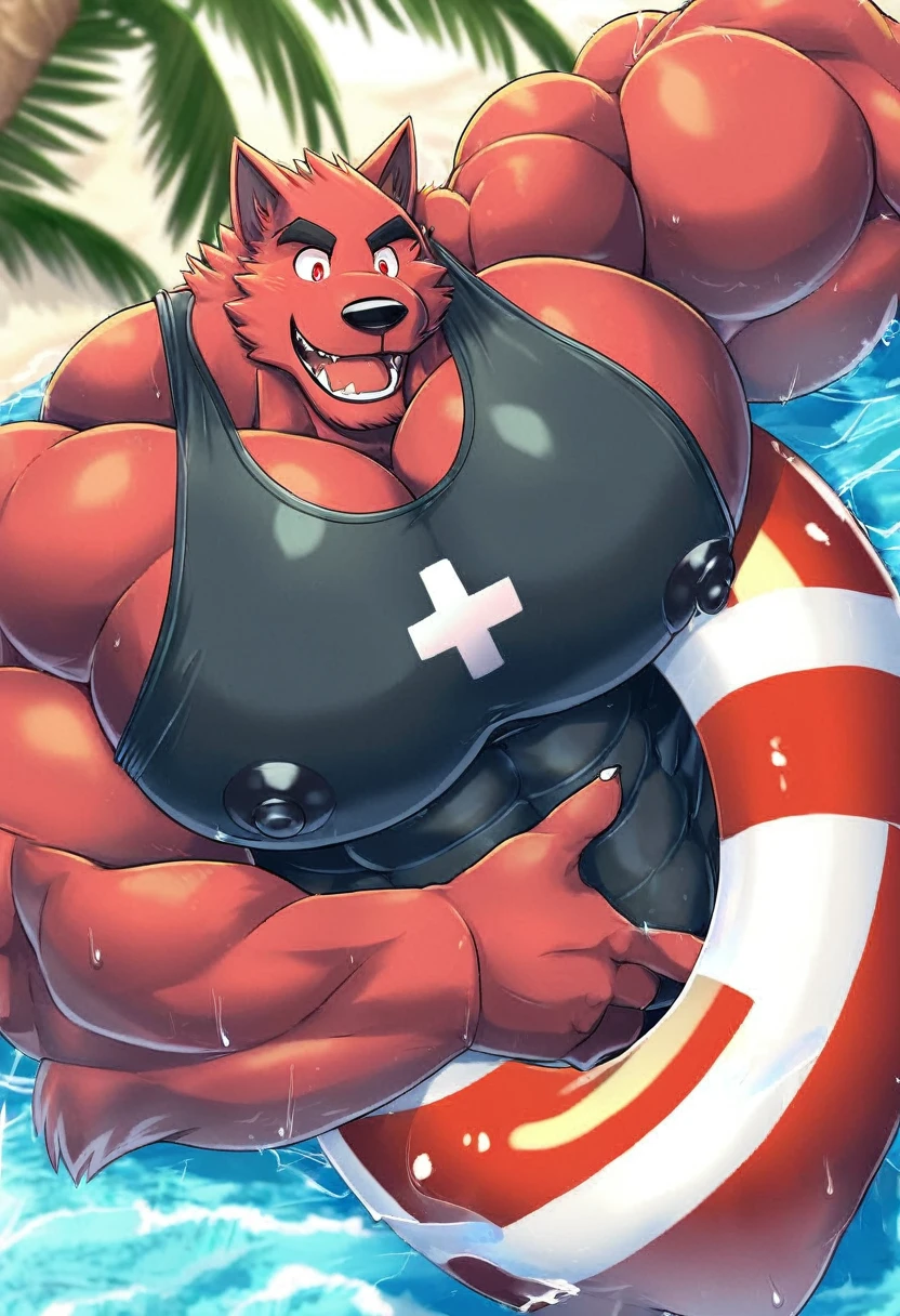 hi res,wolf,anthro,4 fingers,red eyes,horn, blurred background, bottomwear, clothing, life ring, lifeguard, male, muscular, muscular anthro, muscular male,nipples, tail, outside, palm tree, plant, red body, sea, shorts, solo, summer, (swim ring:1.4), tree, (water), detailed background,by milkytiger1145,by takemoto arashi,by null-ghost, lying on water, open smile, (tank top),hyper muscles,hyper pecs bigger than head