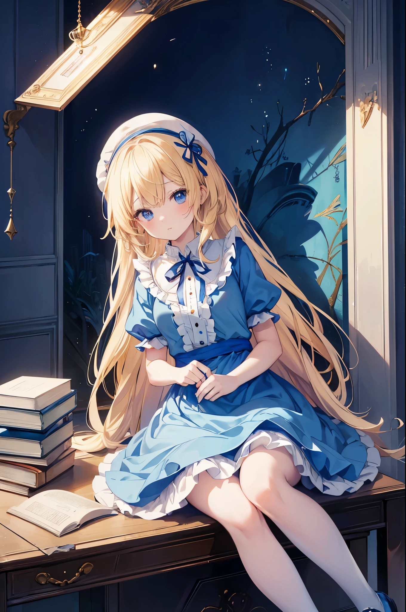 Anime girl in a blue dress sitting on a pile of books (Official Art、Highest quality、unity 8k wallpaper、32K、masterpiece、Very detailed、Ultra-high resolution)、Fantasy、((Alice in Wonderland))、blonde、Tie your hair with a ribbon、Blue colored eyes、Blue Apron Dress、White socks、