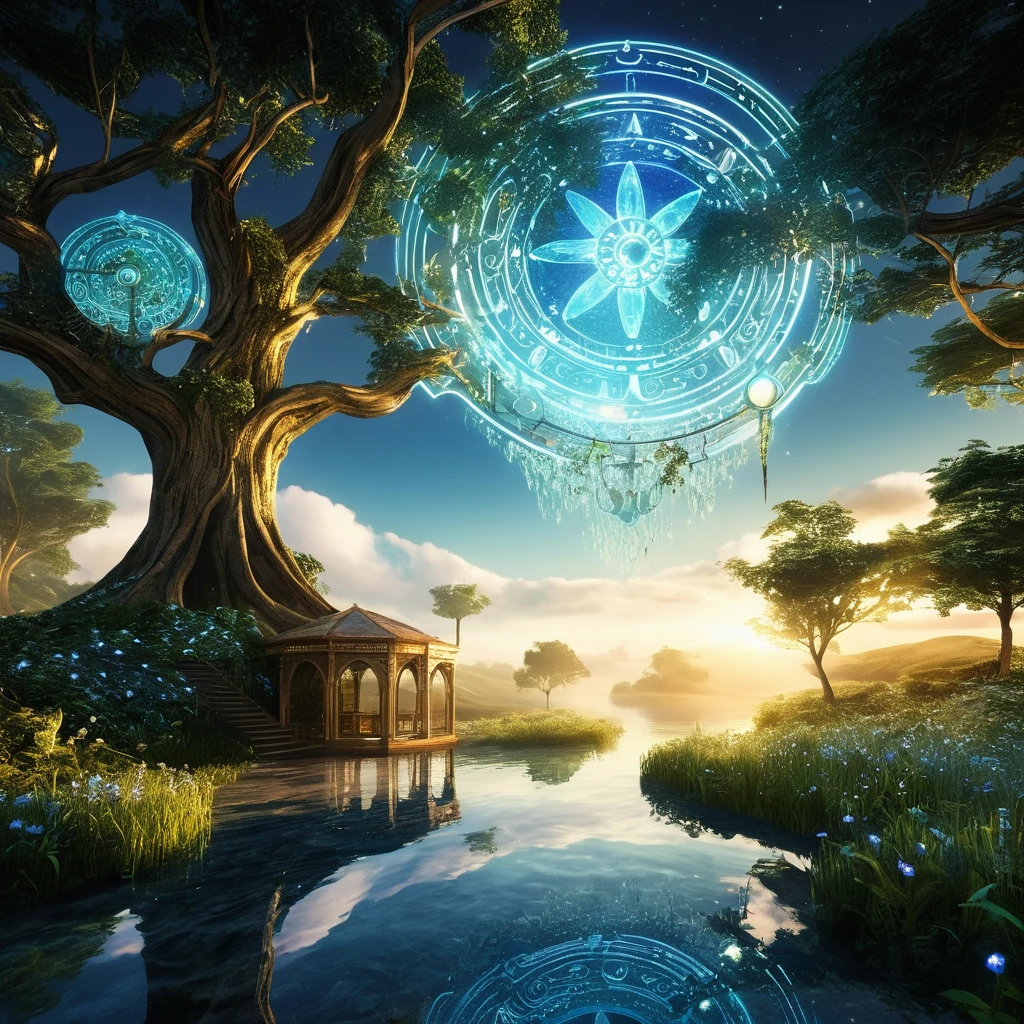Step into a whimsical realm of boundless wonder, where the realms of magic and technology converge in a breathtaking tapestry of harmony. Picture an enchanting world, where AI-powered creatures with gleaming metallic bodies frolic alongside ethereal organic beings, their forms aglow with mystical energy. In this vibrant landscape, shimmering streams weave through lush meadows, reflecting the dazzling hues of both nature and innovation. As gentle breezes carry whispers of ancient enchantments, the air thrums with the soft hum of machinery and the melodious songs of enchanted creatures. Behold this mesmerizing fusion of the fantastical and the futuristic, where the boundaries between realms dissolve in a symphony of awe-inspiring beauty.