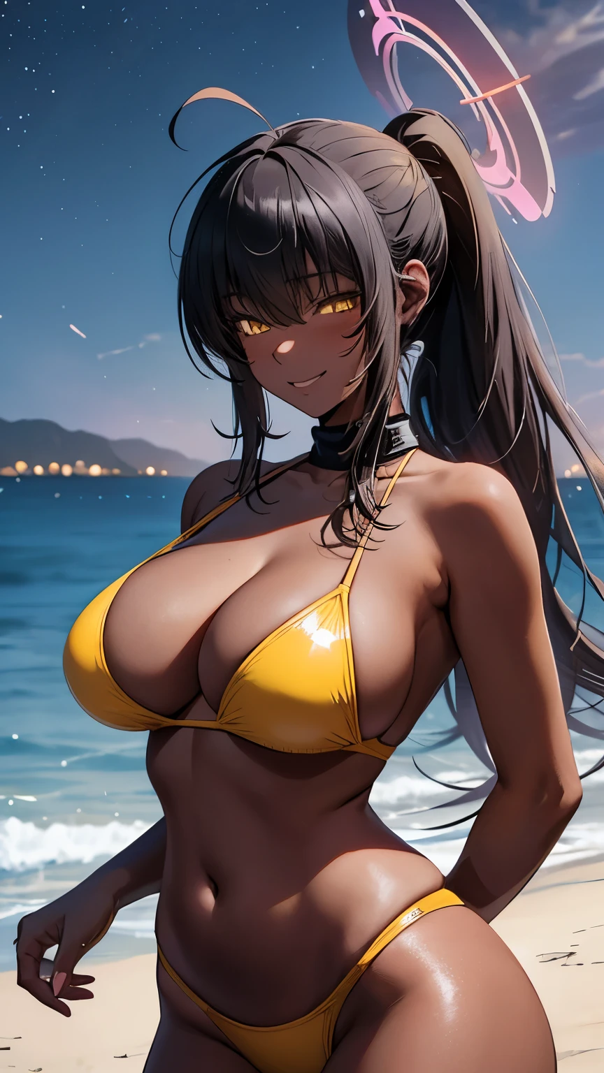 Masterpiece, best quality, (at night on beach), long black hair, ponytail, halo, bangs, yellow eyes, (( pink latex bikini )), big tits, blushing, smiling, closed eyes, warm lighting, (beautiful night sky), ( her hand take fireworks)