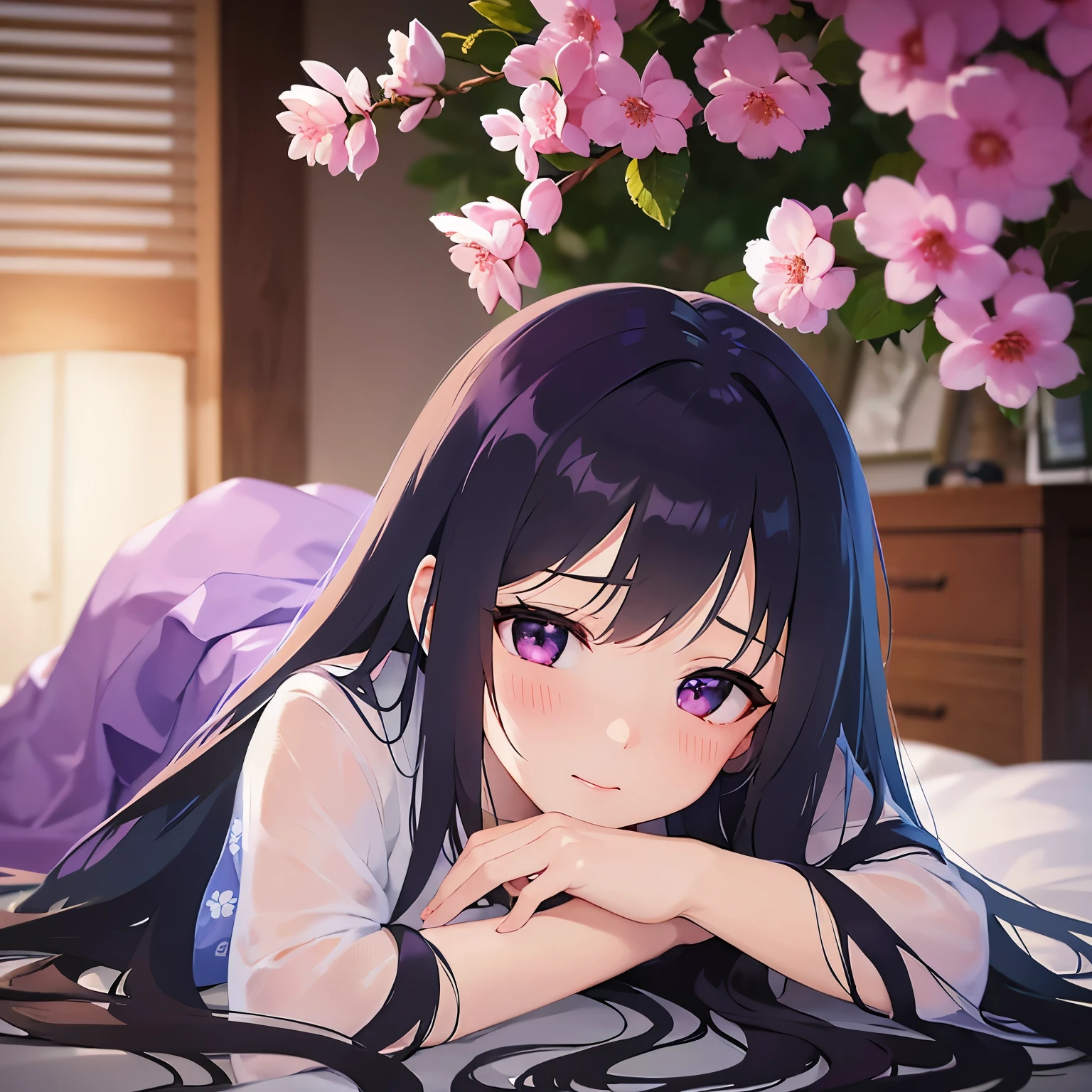 anime girl laying on the ground with pink flowers in the background, sakura petals around her, beautiful anime girl, cute anime girl, nightcore, anime style 4 k, anime wallpaper, pretty anime girl, anime art wallpaper 4 k, 4k anime wallpaper, anime art wallpaper 4k, seductive anime girl, guweiz on pixiv artstation, anime wallpaper 4 k