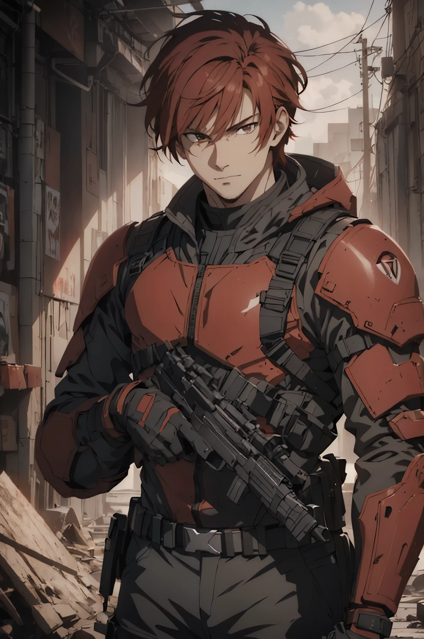 1man, handsome, red hair, wearing combat suit, ultra high resolution, best quality, masterpiece, rtx,ray tracing, 4k, top quality, highly detailed, official art, stunning visuals 