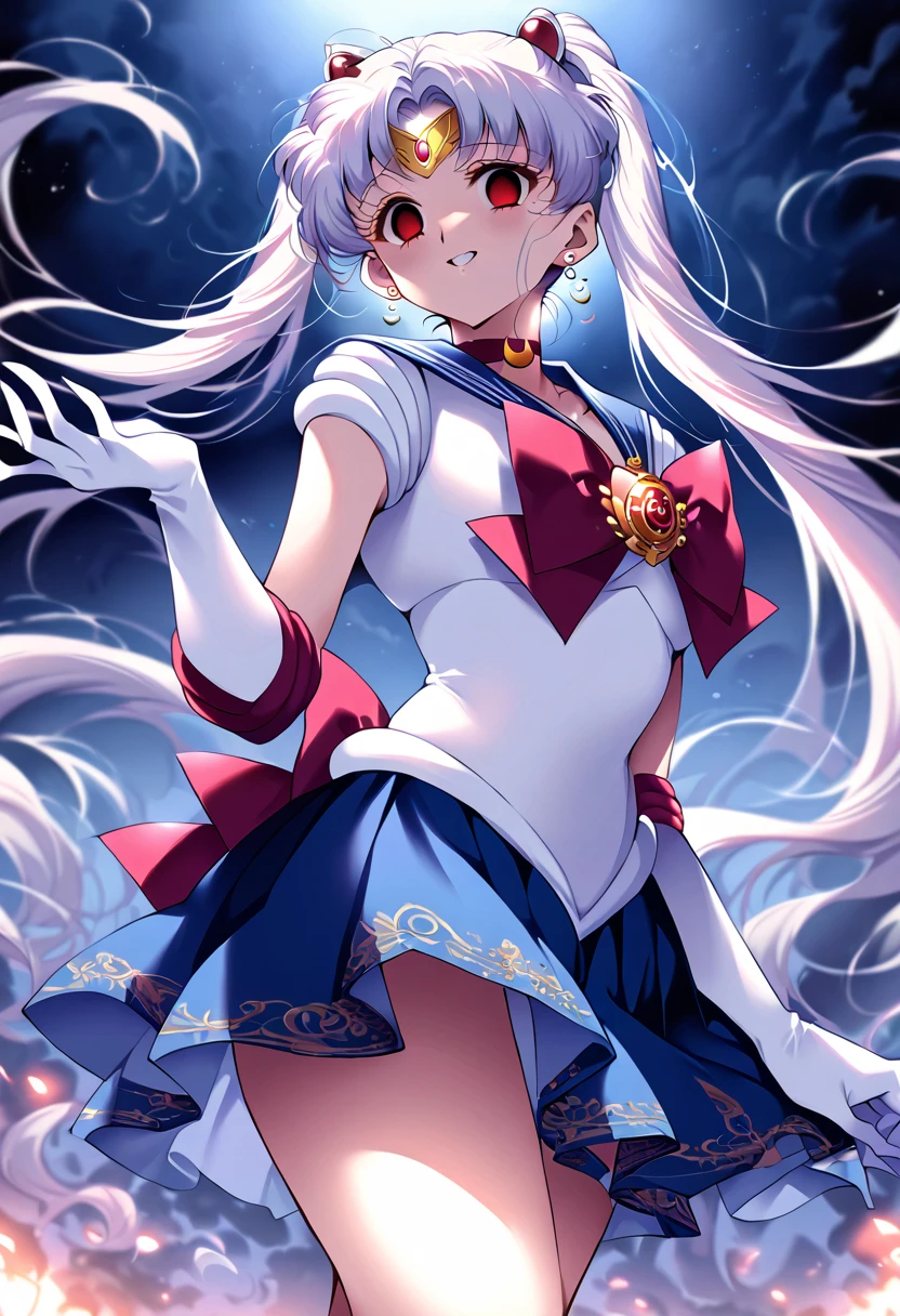 (masterpiece, Highest quality, so beautiful, Super detailed), Intricate details, 12k, Honestly, Long Hair, Double Bang, Twin tails, Parted bangs, tiara, Earrings, red eyes, Red choker, Blue sailor collar, Red Bow, White shirt, Elbow hand pockets, White gloves, Blue Skirt, Are standing, Cowboy Shot,,(evil smile:1.2), 1girl,(Silver Hair:1.4),(empty eyes,:1.4),from below,looking dawn,dark aura,View your viewers