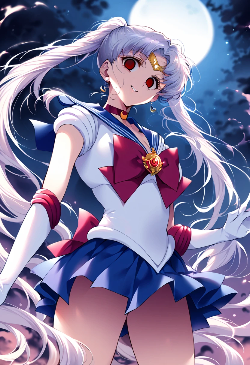 (masterpiece, Highest quality, so beautiful, Super detailed), Intricate details, 12k, Honestly, Long Hair, Double Bang, Twin tails, Parted bangs, tiara, Earrings, red eyes, Red choker, Blue sailor collar, Red Bow, White shirt, Elbow hand pockets, White gloves, Blue Skirt, Are standing, Cowboy Shot,,(evil smile:1.2), 1girl,(Silver Hair:1.4),(empty eyes,:1.4),from below,looking dawn,dark aura,View your viewers