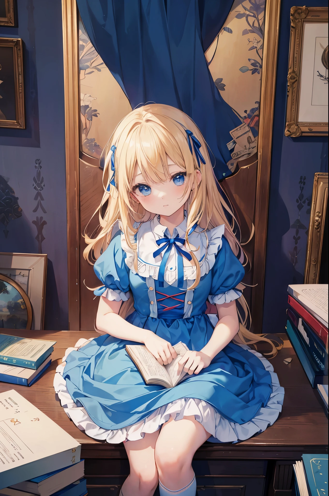 Anime girl in a blue dress sitting on a pile of books (Official Art、Highest quality、unity 8k wallpaper、32K、masterpiece、Very detailed、Ultra-high resolution)、Fantasy、((Alice in Wonderland))、blonde、Tie your hair with a ribbon、Blue colored eyes、Blue Apron Dress、White socks、
