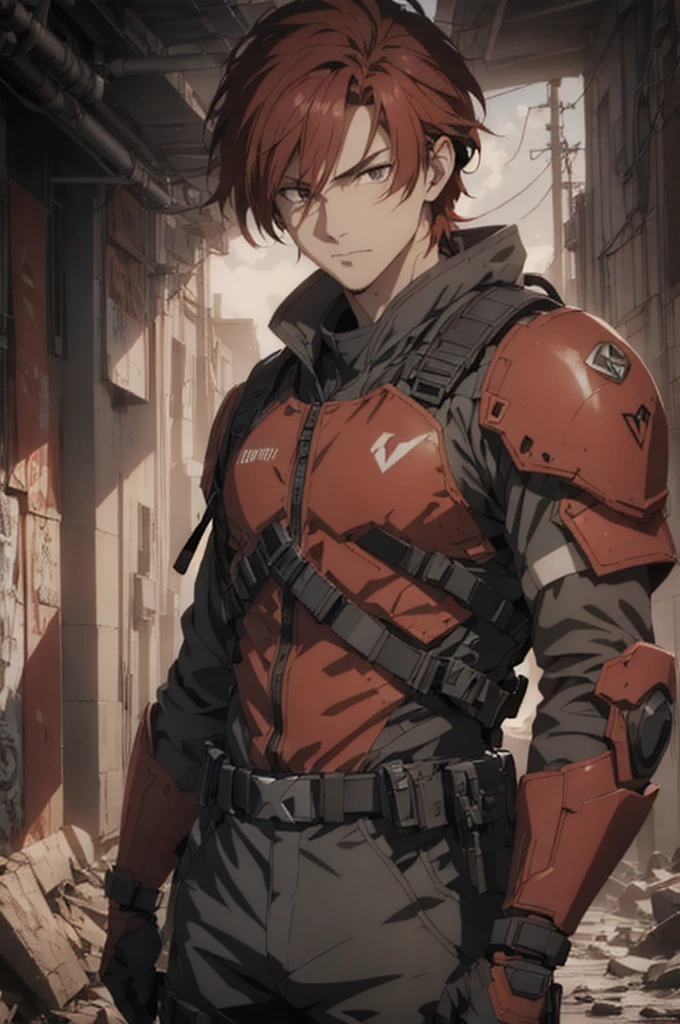 1man, handsome, red hair, wearing combat suit, ultra high resolution, best quality, masterpiece, rtx,ray tracing, 4k, top quality, highly detailed, official art, stunning visuals 