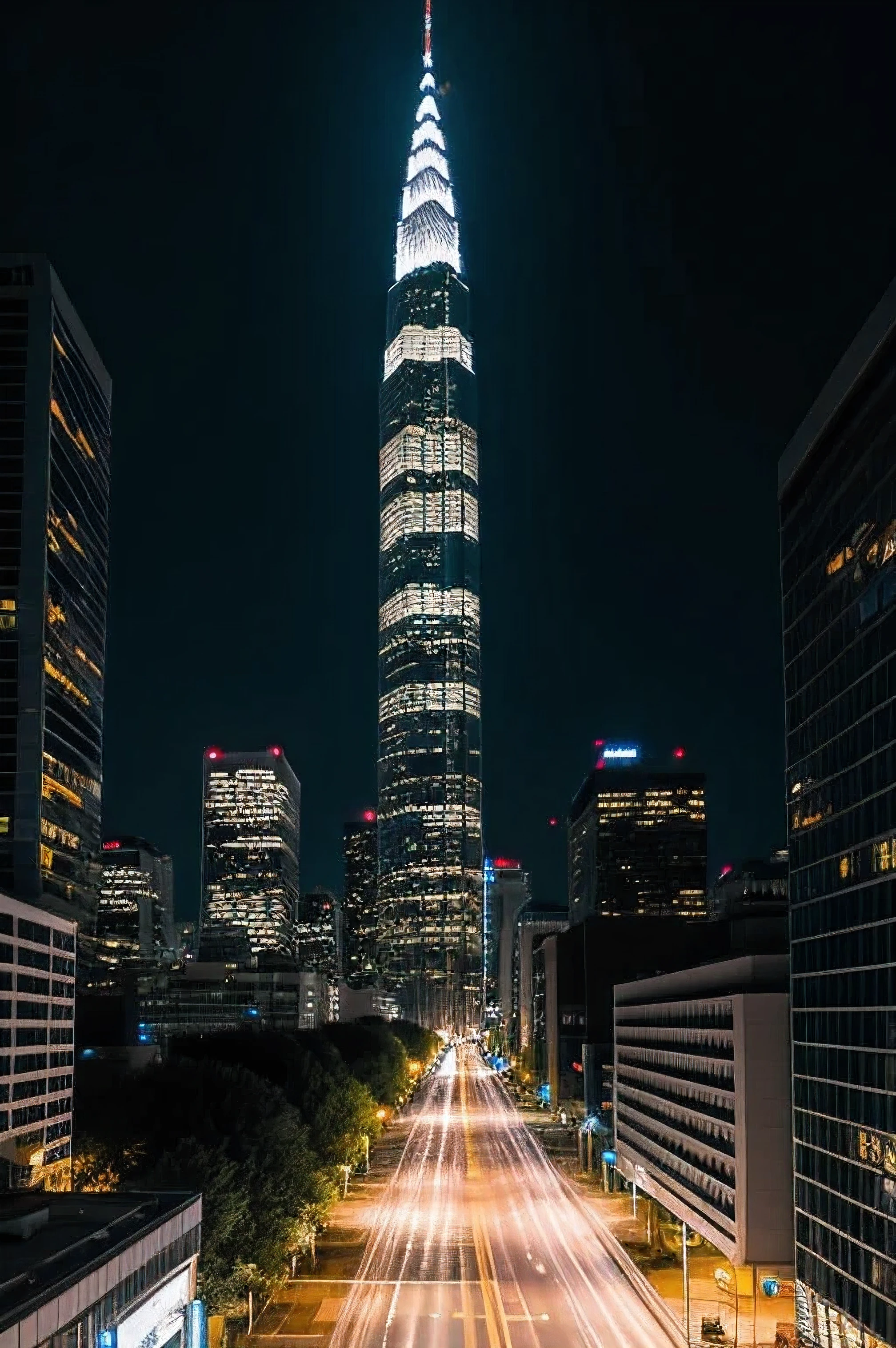 skyscrapper, modern, Realistic, night ,pov street