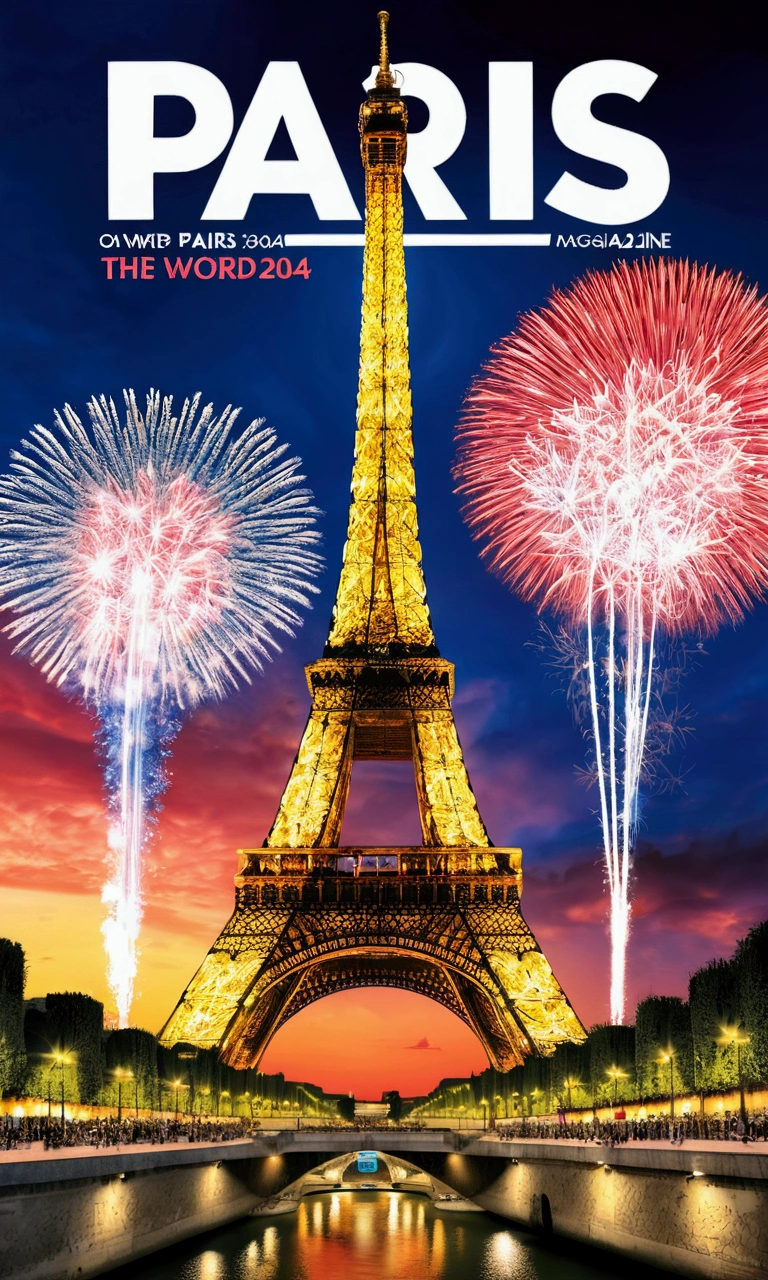 Olympic Games magazine cover, (The word 'PARIS' '2024' written:1.5), PARIS 2024 Olympic Games Feature, best quality, (masterpiece:1.2), high quality, Highres, (hyper detailed), photorealistic, 4K, ultra HD, insanely detailed and intricate, Eiffel Tower, Seine River, fireworks,