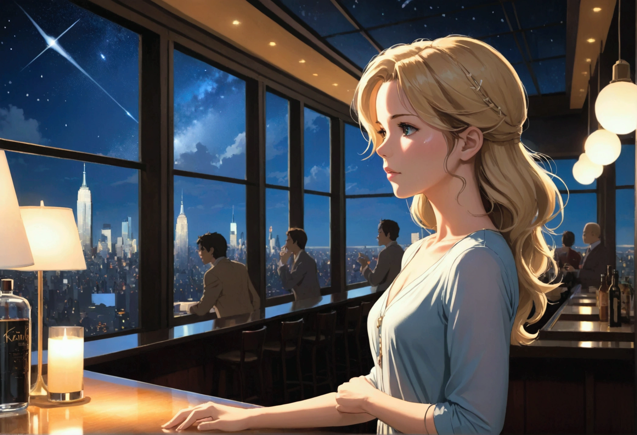 Uses Makoto Shinkai'The depiction is perfect,Portrait of Kate Beckinsale,8k 4k masterpiece photo ,new york,Glass ceiling jazz bar,I can see the twinkling stars through the glass window.,that'Outside in the dark night,Jazz is playing,profile,Beautiful profile,Kind expression,Semi-long hair,Blonde,Look in a different direction,Standing alone at the counter,Small bust in casual dress
