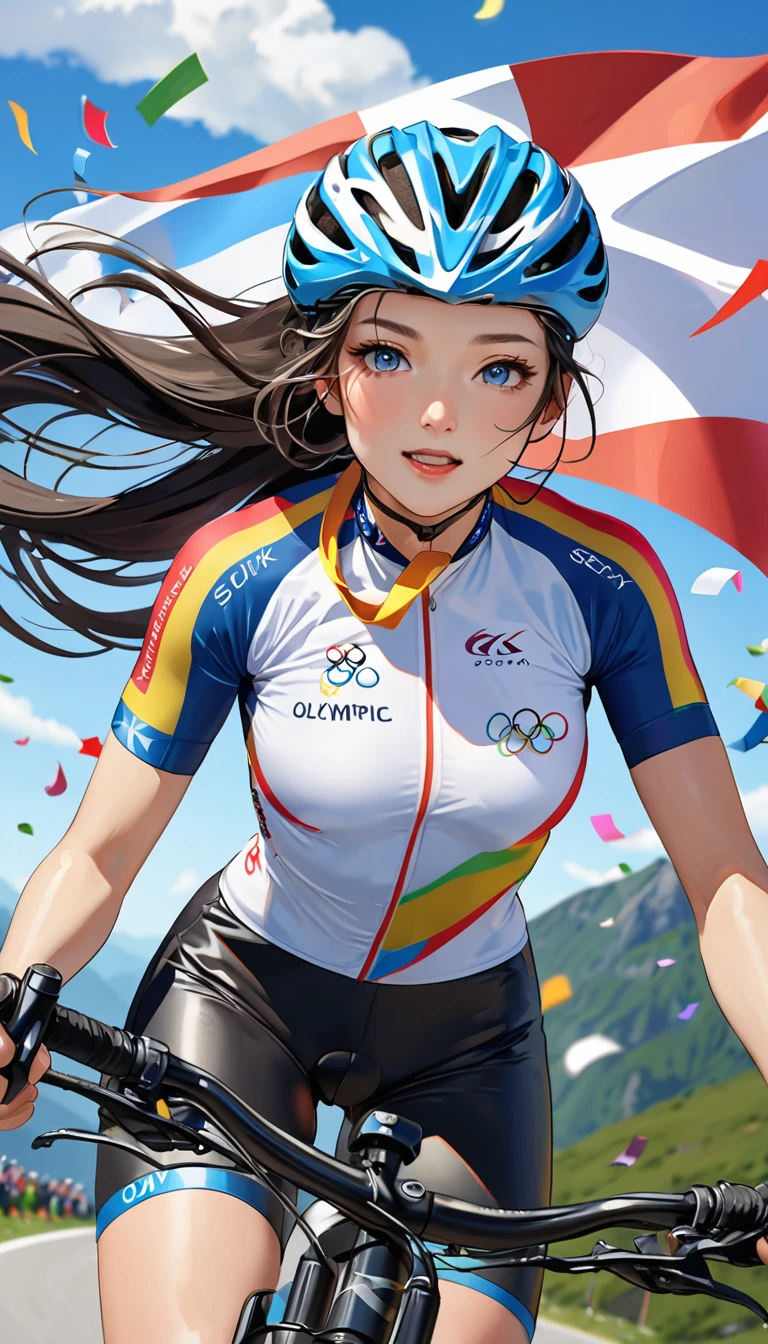 Highest quality, Great quality, 16K, Unbelievably absurd, Very detailed, 2.5D, delicate and dynamic, blue sky, Confetti, Olympic Flag, Mountain bike, Downhill, , Small face, Very delicate facial expressions, Delicate eye depiction, Very fine hair, Upper body close-up, erotic, The only sexy Japanese woman, Healthy body shape, 22-year-old woman, Olympian, Cycling,  Large, firm, swaying bust, Silvery long hair, Sexy long legs, Glowing Skin, Soft Skin, Bike riding clothes, protector, Helmet, Gold medal around your neck, Leather trousers, Knee-high boots, Mountain bike, 