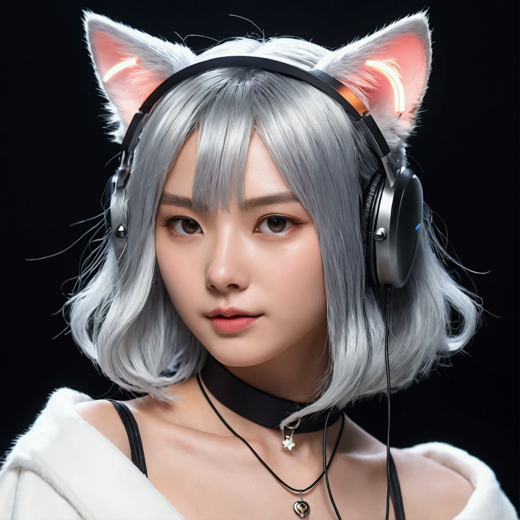 black hair, white hair, white hair, white hair, white hair, brown hair, white hair, heart-shaped pupils, cat ear headphones, blush, puckered lips, Surrealism, Surrealism, Sony FE, Surrealism, 8k, super detail, UHD --auto