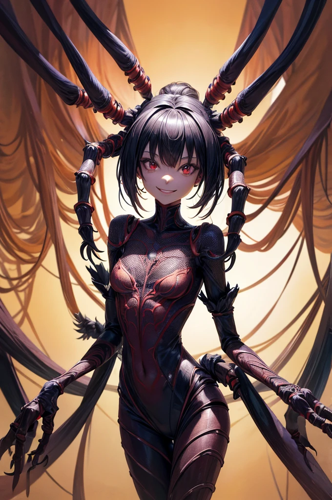 humanoid, arthropod, anthropology,((canine))5 eyes,Spider Girl,6 arms,alone,(smile), Excellent and detailed background., 6 arms ,detailed hands,outside, magician clothes, stand, long hair