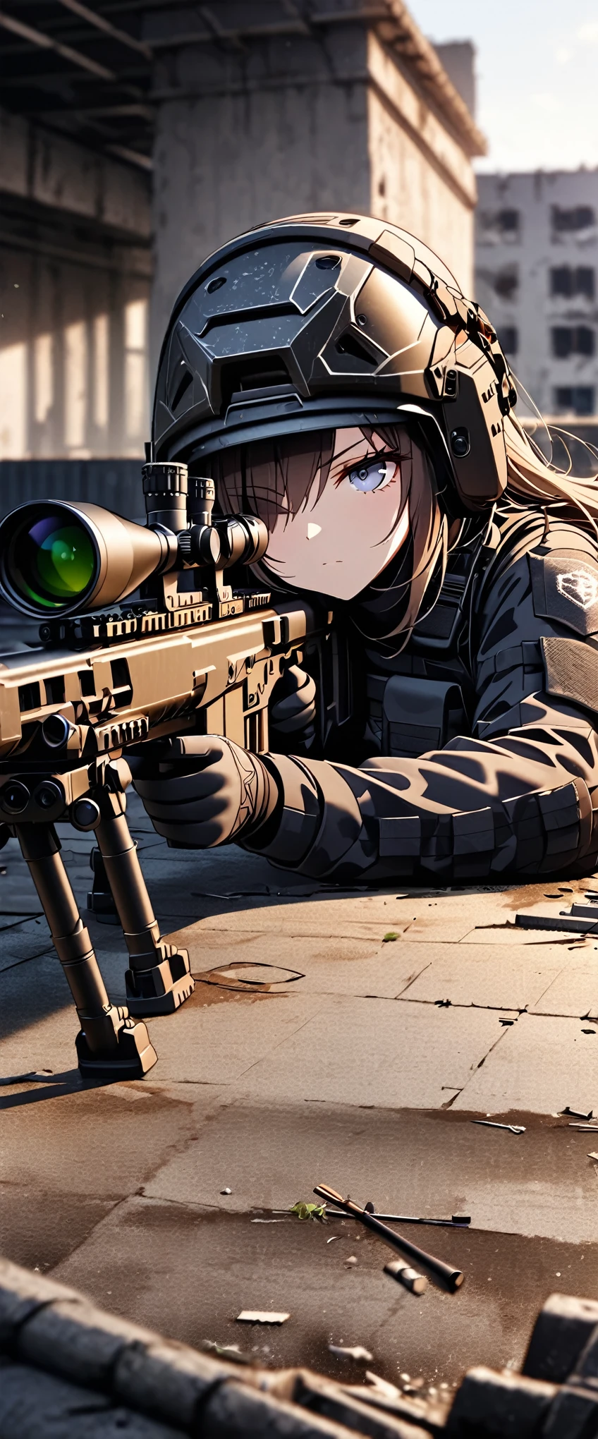 (masterpiece),(Highest quality),(High resolution),(Very detailed),8k,wallpaper,(One Woman:1.6),Brunette,Short Bob,(Beautiful Face,Beautiful Eyes,Beautiful Hair,Beautiful Skin),(Serious),BREAK(((aim at something with a sniper rifle:1.5))),((Look through the scope and take aim:1.6)),(Prone)((Close one eye:1.4)),(((Sniper Rifle))),((SWAT Uniforms,Bulletproof vest, Combat Boots,Tactical Headset,Tactical Helmet)),(The background is the rooftop of an abandoned building:1.6),(((Background Blur))),(Detailed drawing of a sniper rifle:1.3)