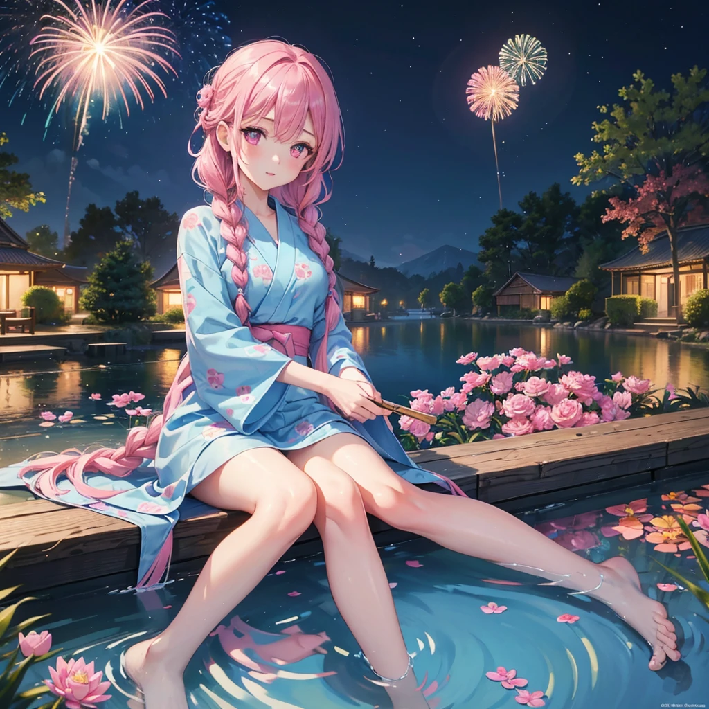 Sky Blue Medium Hair, (Braided Hair),(Pink Eyes),Fair skin ,(whole body),(1 girl)、highres, masterpiece, best quality, ultra-detailed 8k wallpaper, extremely clear, (detailed beautiful face):1.2, from above, 1girl, solo, yukata, He’s looking at us, sitting, Pond at your feet, Fireworks reflected on the pond, BREAK, evening,